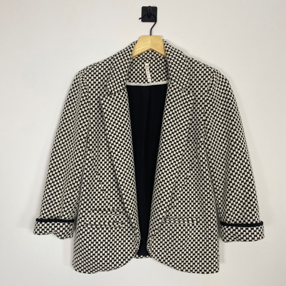 Willow & Clay Anthropologie Houndstooth Blazer Jacket Black White Medium‎ Duster